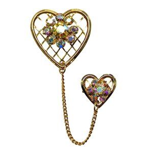 Vtg 2 Heart Brooches Connected with a Chain Rhinestones Gold-Tone Chatelaine